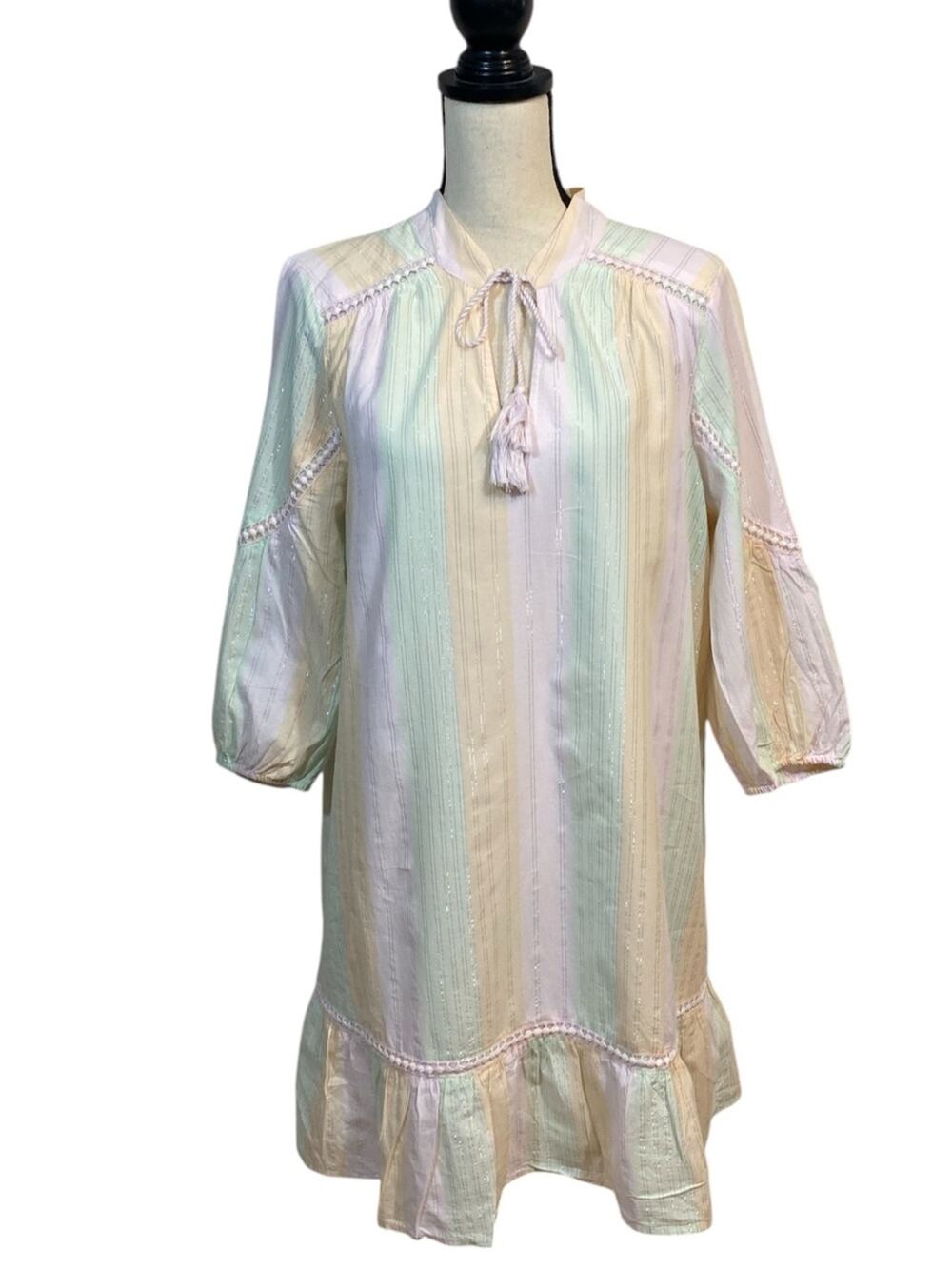 Crown & Ivy Dress Pastel Tie Neck 3/4 Sleeves Ruffle Bottom Large